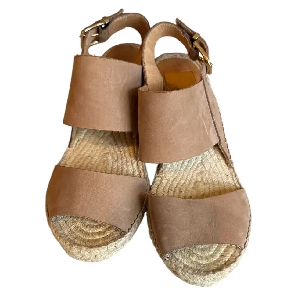 Kanna Espadrille Low Platform Wedge Sandals Tan Suede 7.5